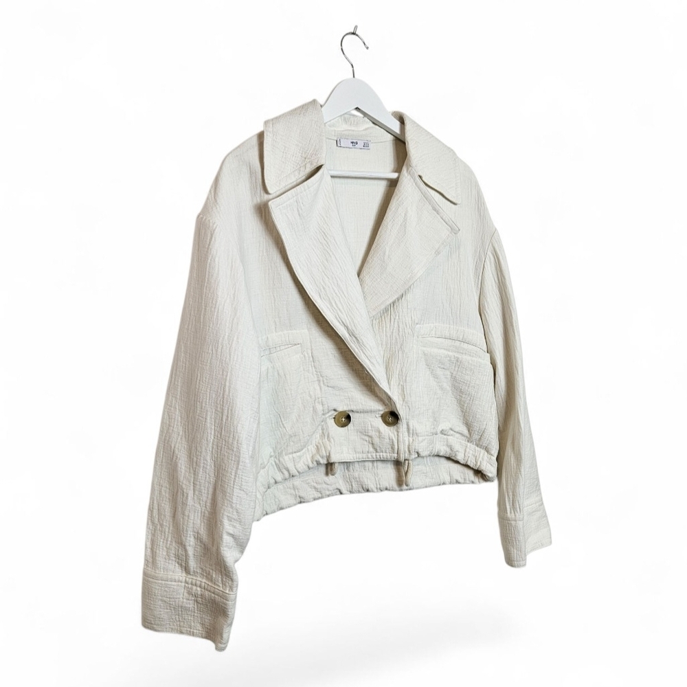 Mango Jacket Size S/M Boxy Cropped Double Breasted Crinkle Cotton Ivory Cream